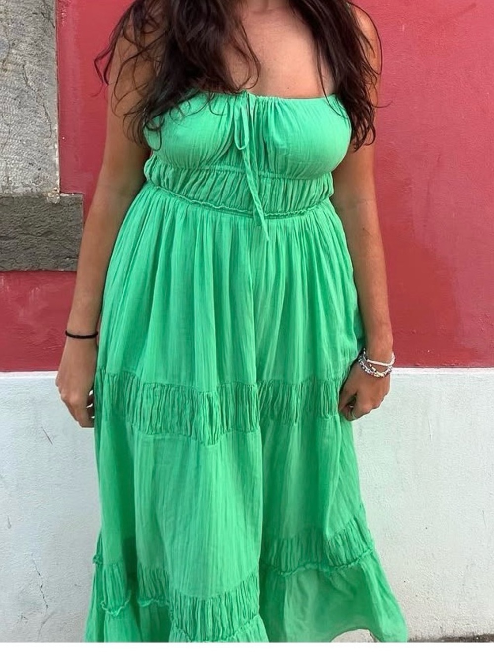 Free People Taking Sides Green Tiered Maxi Dress with Spaghetti Straps - Picture 3 of 9